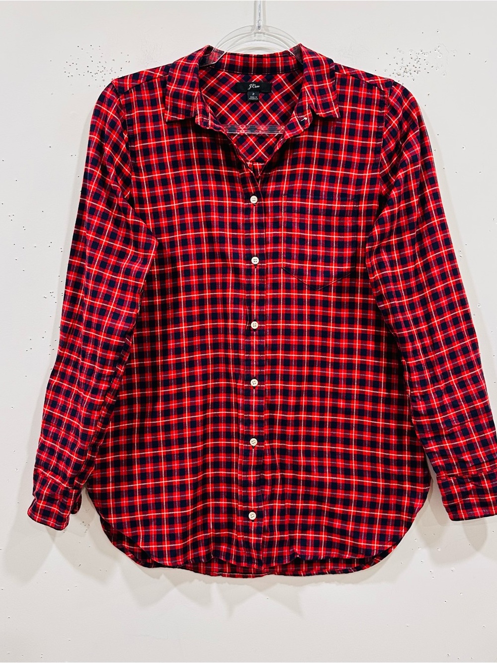 Crew Women's Red Navy Plaid Flannel Button Down Shirt Size 2 Mauritius Cotton